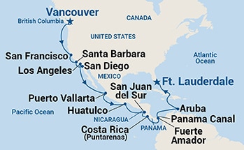 23-Day Panama Canal & Pacific Coast Itinerary Map